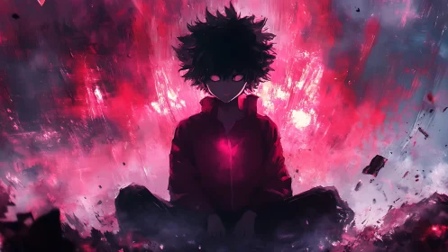 Psychic child in crimson energy storm, glowing chest core