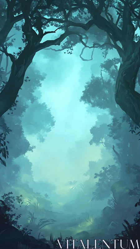 Mystical Forest Canopy Path. Glowing turquoise light.