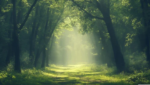 Sunlit forest path with lush greenery in a dreamy, tranquil style.
