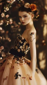 Enchanted floral muse stands poised in golden afternoon light