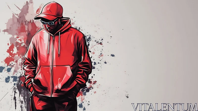 Cool streetwear figure in bold red hoodie and cap art.