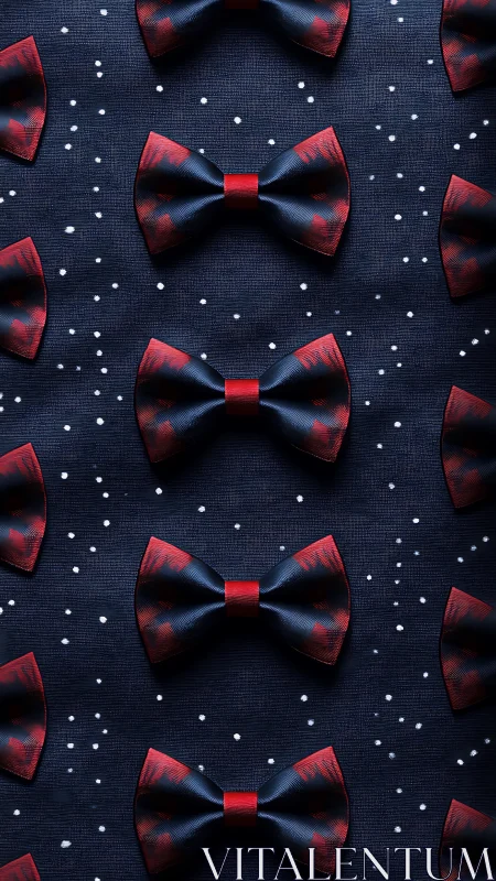 Red plaid bow ties arranged symmetrically against navy textile.