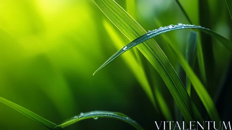 Macro depth-of-field study of dew-covered grass blades at sunrise