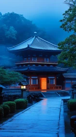 Misty blue hour temple pathway with warm illuminated entrance