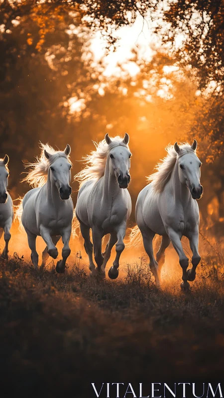 Galloping white horses backlit by warm low-angle sunset rim light