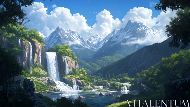 Sunlit waterfalls and distant peaks in a quiet valley.