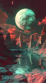 Luminous moon drifts low above alien river of glass