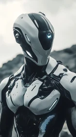 Cybernetic android portrait in sleek biomechanical chassis design.