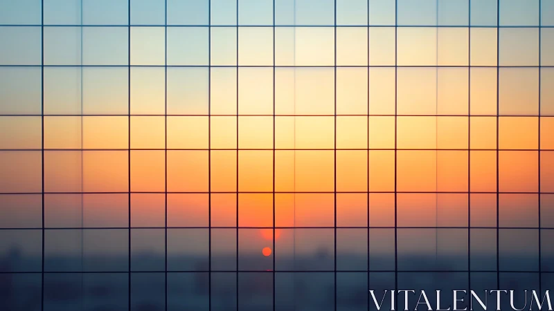Grid-structured glass abstracts a minimal urban sunset glow
