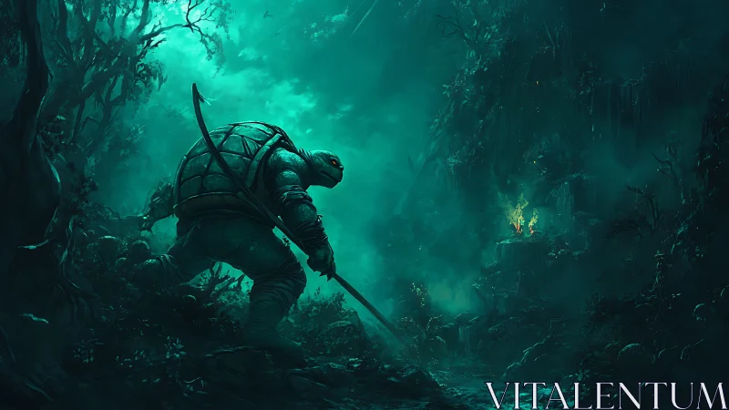 Brave turtle warrior steps into a glowing forest quest.