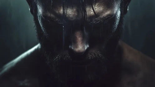 Brooding bearded man under rain in dramatic low light.