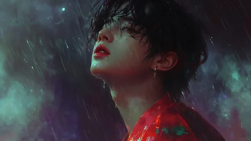 Rain-drenched gaze ignites neon storm of longing and light.