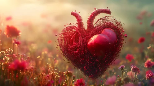 Crimson Heart Suspended in Floral Field at Sunset.