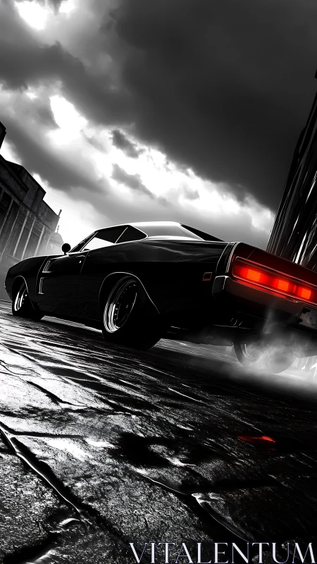 Low-angle muscle car burnout on wet cobblestone street at dusk