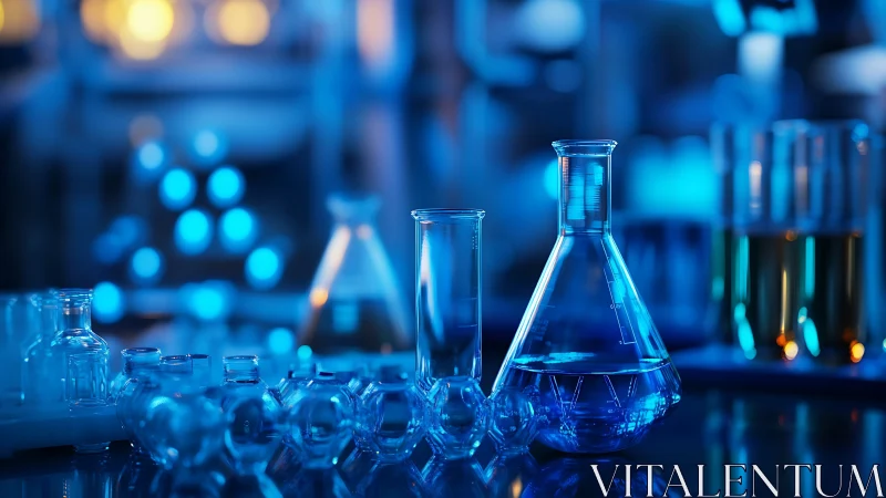 Photorealistic blue chemistry glassware under laboratory bokeh lighting.