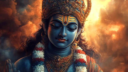 Divine blue deity portrait with luminous atmospheric backlight.