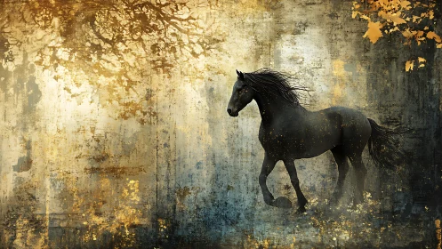 Midnight horse moves softly through golden misty forest light