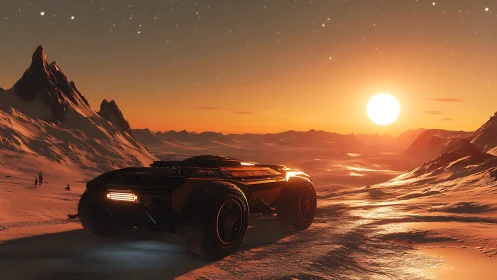 Sunset rover pausing on a glowing alien ice frontier.