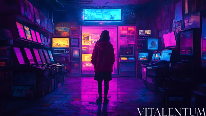 Neon-soaked arcade corridor frames a lone, silhouetted gamer.