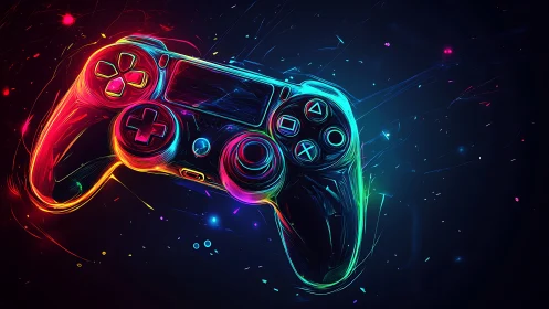 Neon Game Controller Glowing in Digital Space.