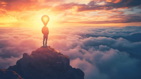 Human figure with lightbulb head above stratocumulus cloud deck.