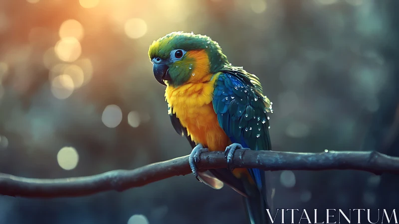 Vibrant parrot perched on branch in dreamy soft-focus light.