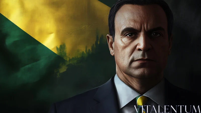 Strong portrait of a solemn man before a bold flag backdrop