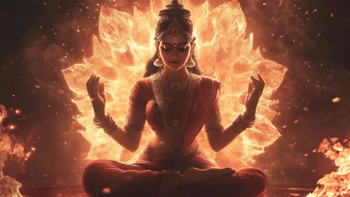 Meditating goddess figure with radiant lotus-shaped fire aura