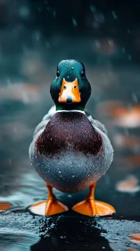 Photorealistic mallard portrait in shallow depth-of-field rain.