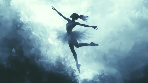 Ballerina silhouette glides through luminous storm clouds.