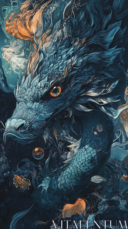 Blue serpent dragon in swirling cosmic underwater scene.