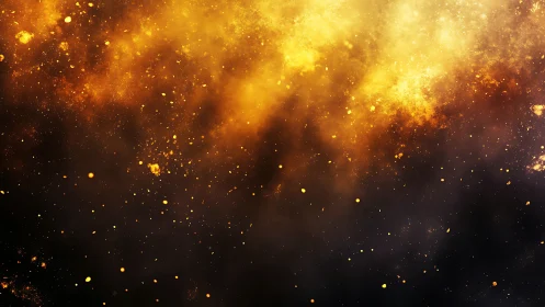 Golden particulate cloud drifts over dark abstract background