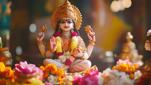Hindu goddess statue with garlands and ritual flowers.