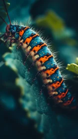 Macro capture isolates spiny blue orange caterpillar on leaf edge