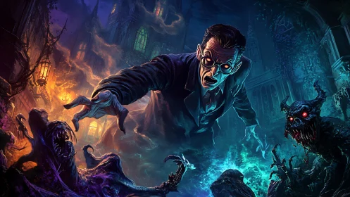 Sinister sorcerer unleashes neon horrors amid haunted ruins.
