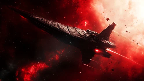 Crimson warship knifes through burning nebula stormscape.