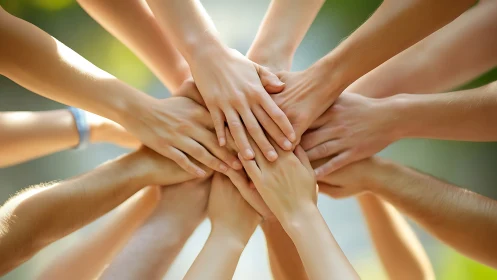 Group of hands stacked together in unity outdoors, bright style.
