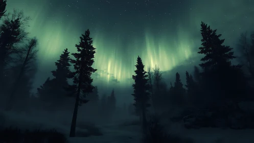 Northern lights shimmer above a misty winter forest night.