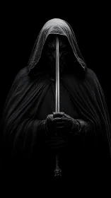 Hooded dark knight stands in shadow, blade held upright.