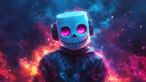 Neon skull-headed figure in blazing cyber aura portrait.