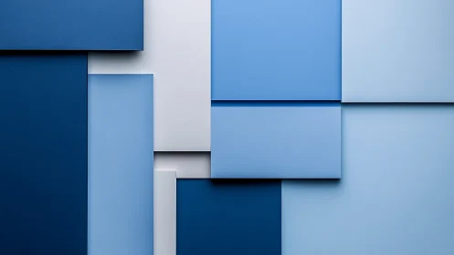 Geometric arrangement of layered blue rectangular panels.