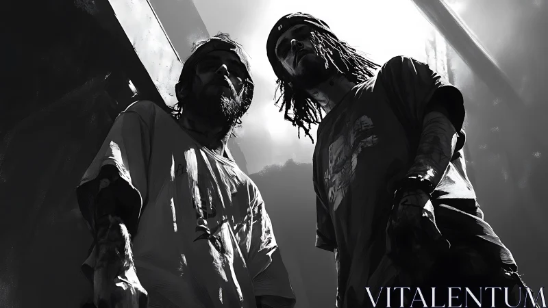 Two figures viewed from low angle under high contrast light