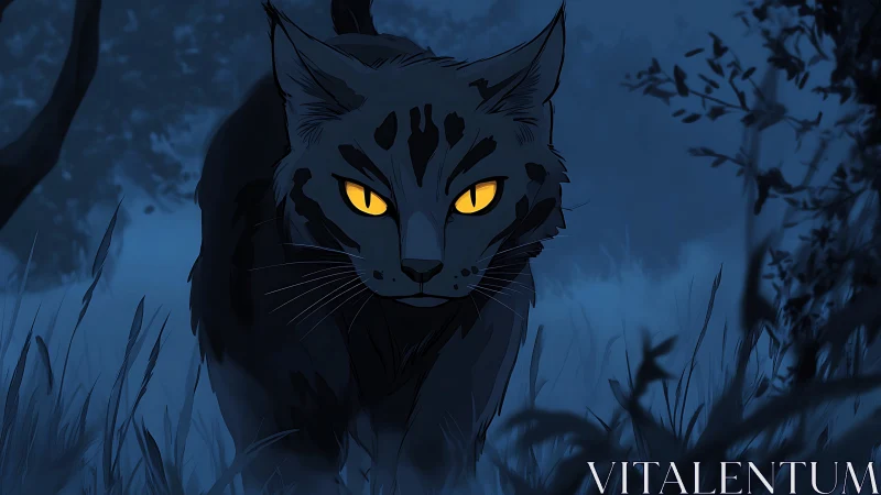 Moonlit dark cat with yellow eyes moving through grass.