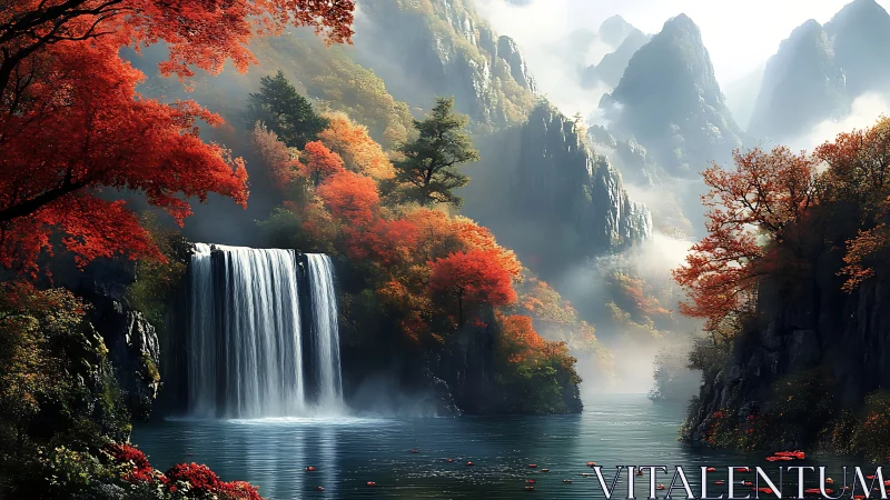 Autumn waterfall cascades through misty mountains in digital fantasy