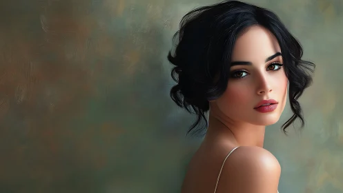 Digital portrait of woman with dark hair and soft gaze.