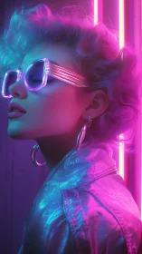 Neon-lit retro portrait with chrome jacket and prism glasses
