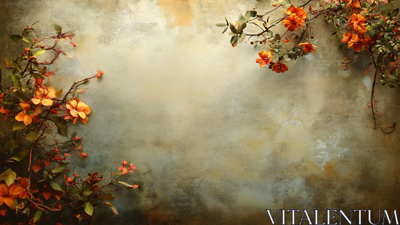 Vibrant orange flowers frame textured weathered wall backdrop.