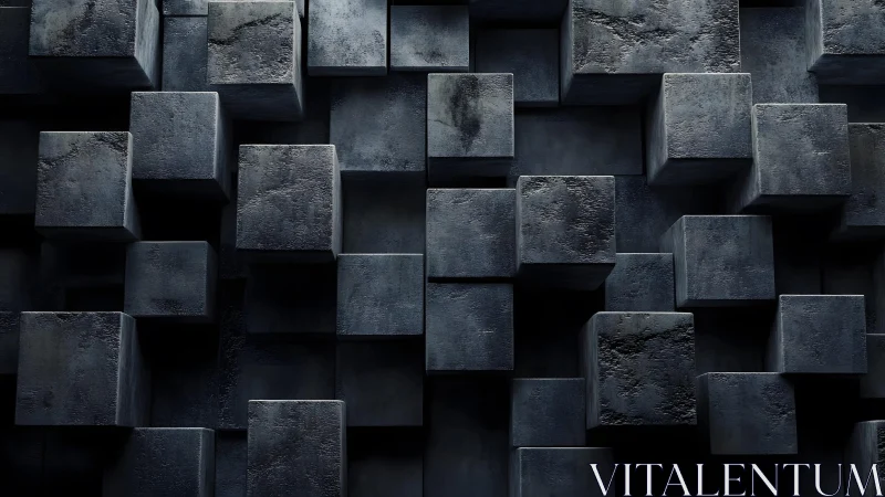 Moody concrete cubes rising in a quiet geometric maze.