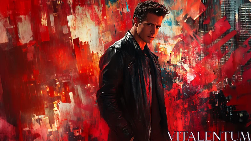 Brooding urban figure framed by abstract crimson cityscape.