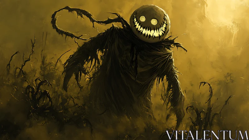 Grinning scarecrow wraith emerging through toxic ochre fog.